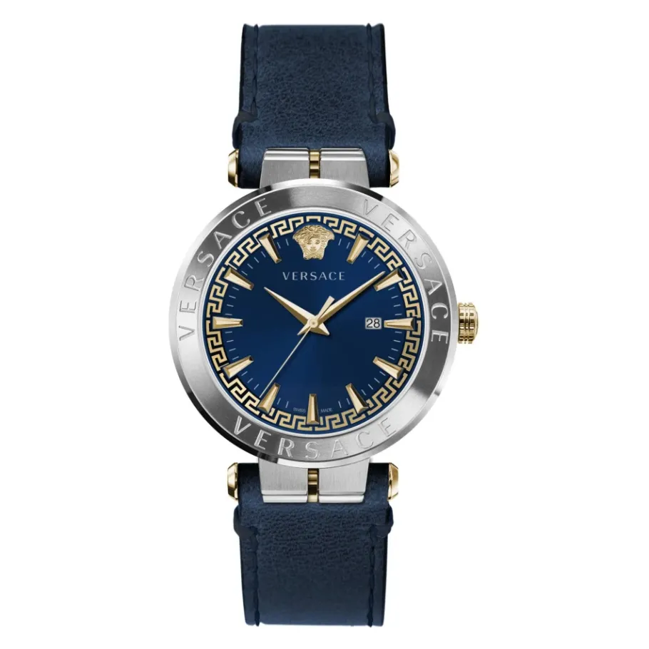 Versace AION Leren Band Horloge Blauwe Wijzerplaat-Heren Horloges