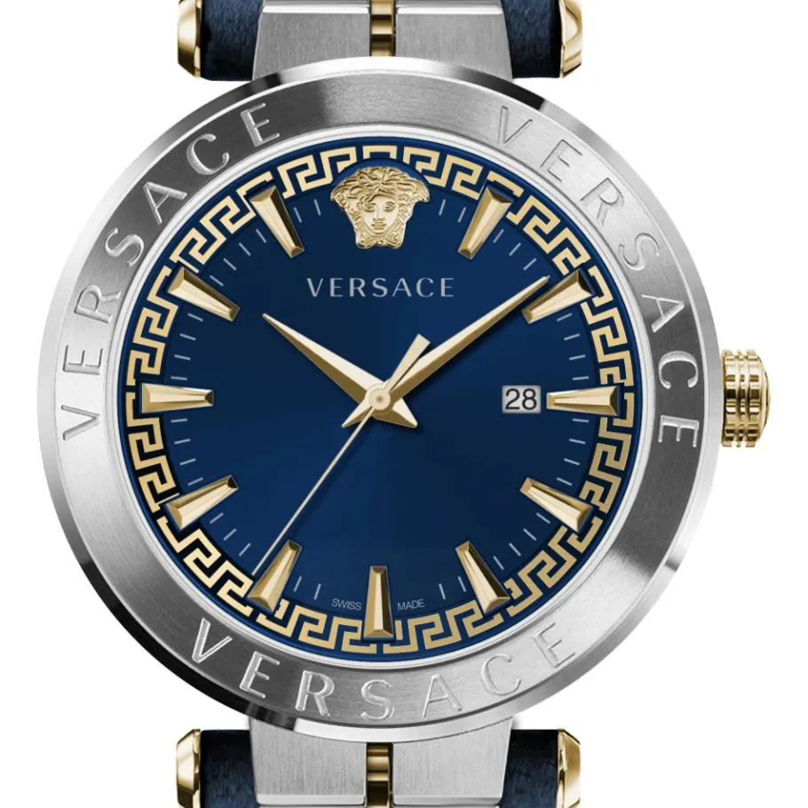 Versace AION Leren Band Horloge Blauwe Wijzerplaat-Heren Horloges