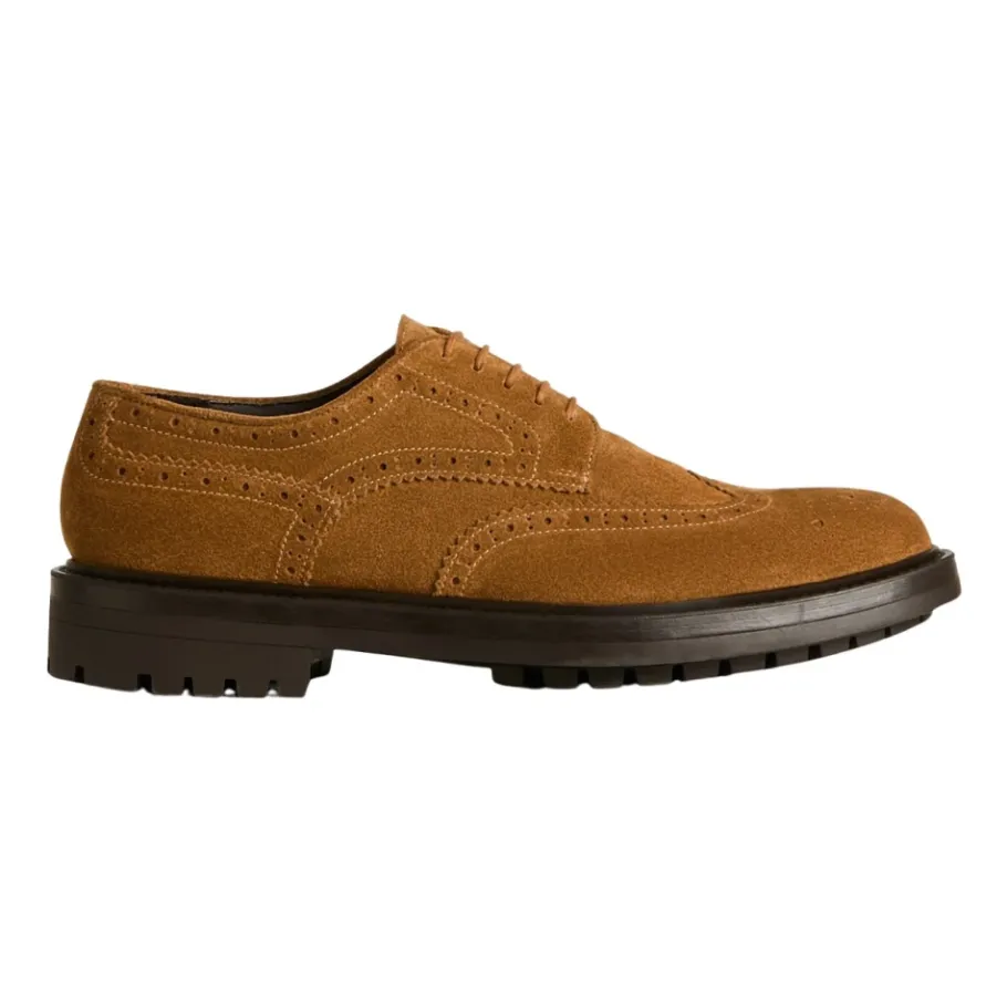 Kiton Derby in kalfsleer suède met brogue bloempatroon-Heren Instappers & Slip Ons|Nette Schoenen