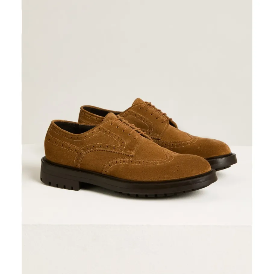 Kiton Derby in kalfsleer suède met brogue bloempatroon-Heren Instappers & Slip Ons|Nette Schoenen