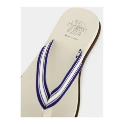 Brunello Cucinelli Gestreepte Navy Blauwe Zwembadsandalen-Heren Slippers