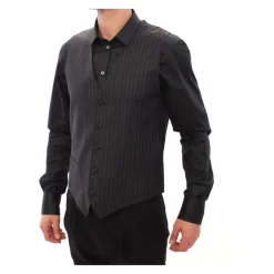 Dolce & Gabbana Grijze Gestreepte Wol Logo Vest-Heren Kostuums