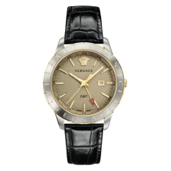 Versace Herenhorloge Zwart Leer Goud Zilver GMT-Heren Horloges