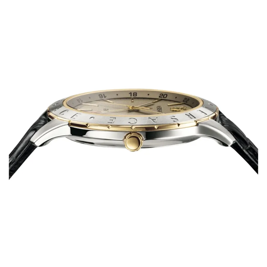 Versace Herenhorloge Zwart Leer Goud Zilver GMT-Heren Horloges