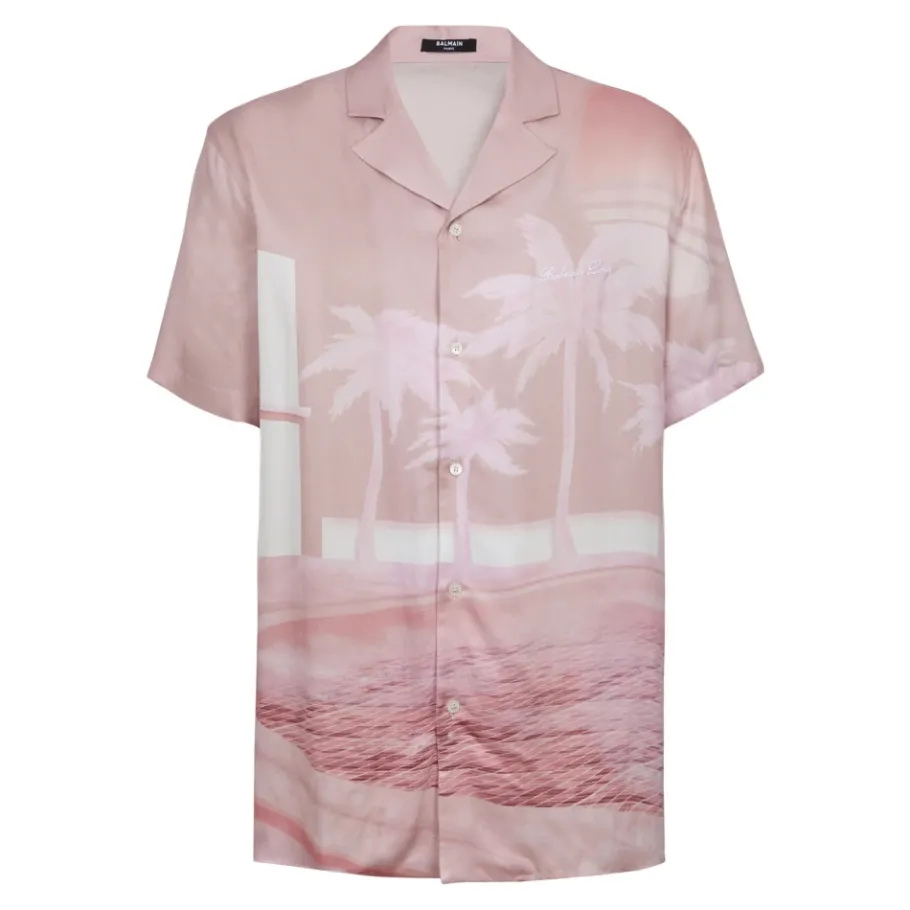 Balmain Kortemouw twill pyjamashirt met ansichtkaartprint-Heren Overhemden