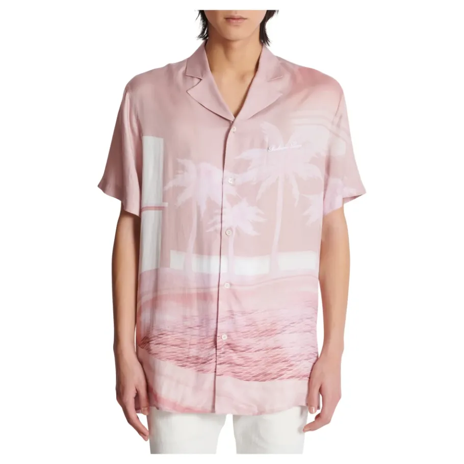 Balmain Kortemouw twill pyjamashirt met ansichtkaartprint-Heren Overhemden