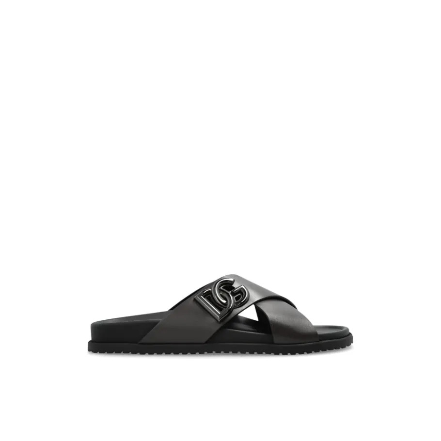 Dolce & Gabbana Leren slippers met logo-Heren Slippers