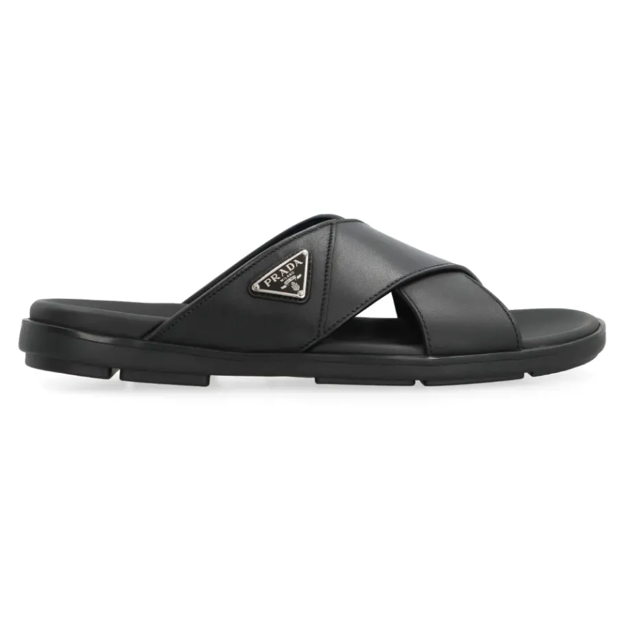 Prada Logo Leren Slippers, Ronde Neus-Heren Slippers