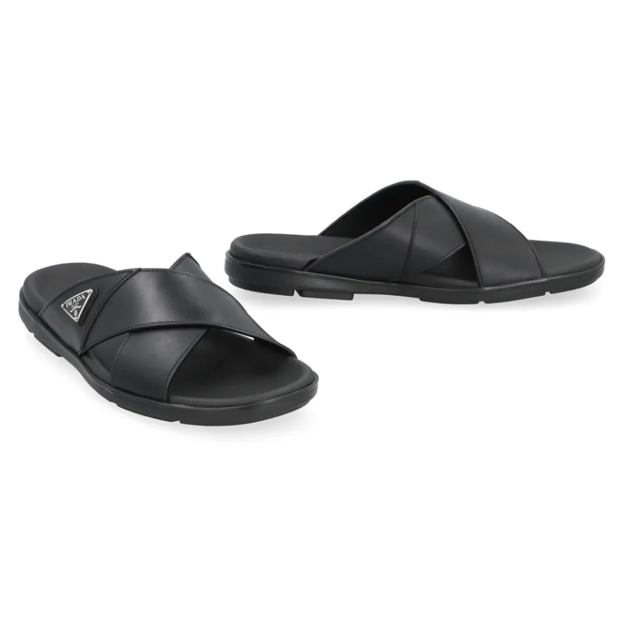Prada Logo Leren Slippers, Ronde Neus-Heren Slippers