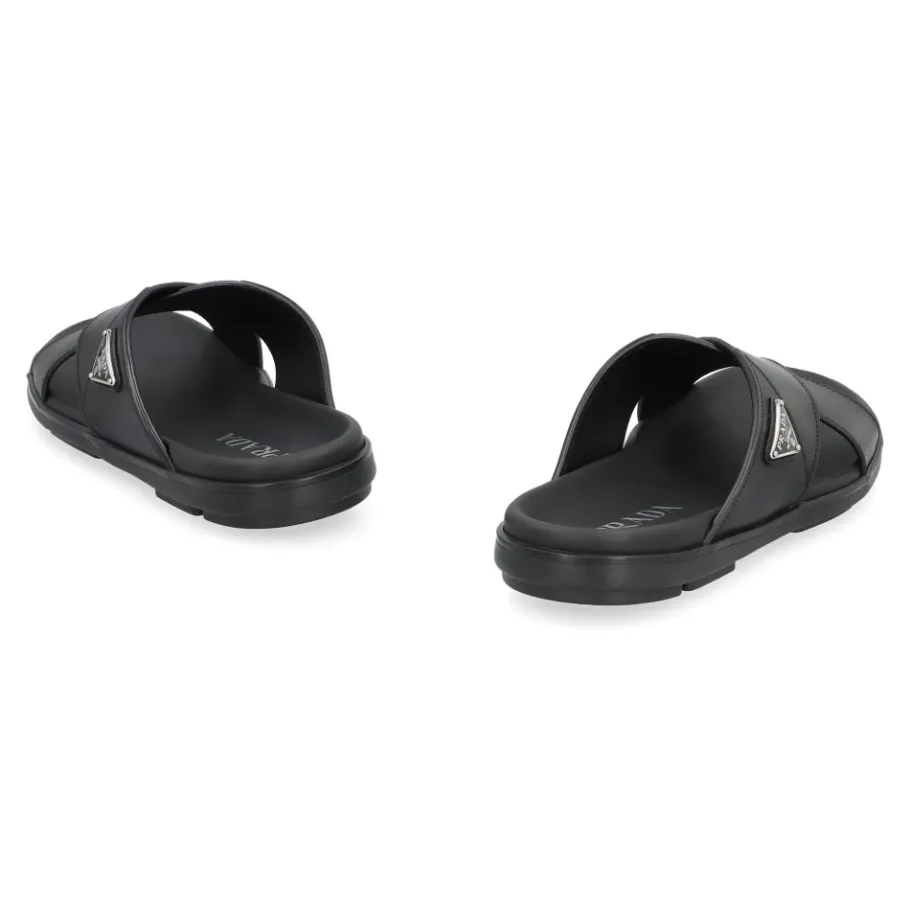 Prada Logo Leren Slippers, Ronde Neus-Heren Slippers